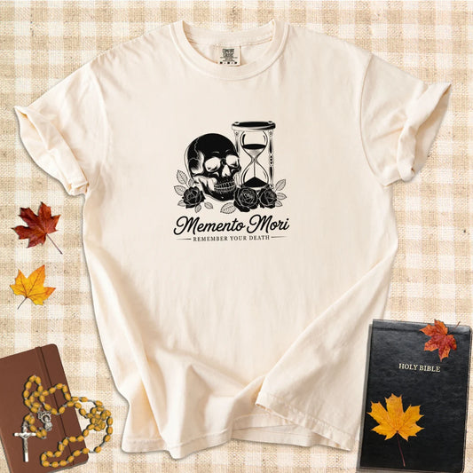 Memento Mori Shirt – Catholic “Remember Your Death” T-Shirt with Skull and Hourglass Design