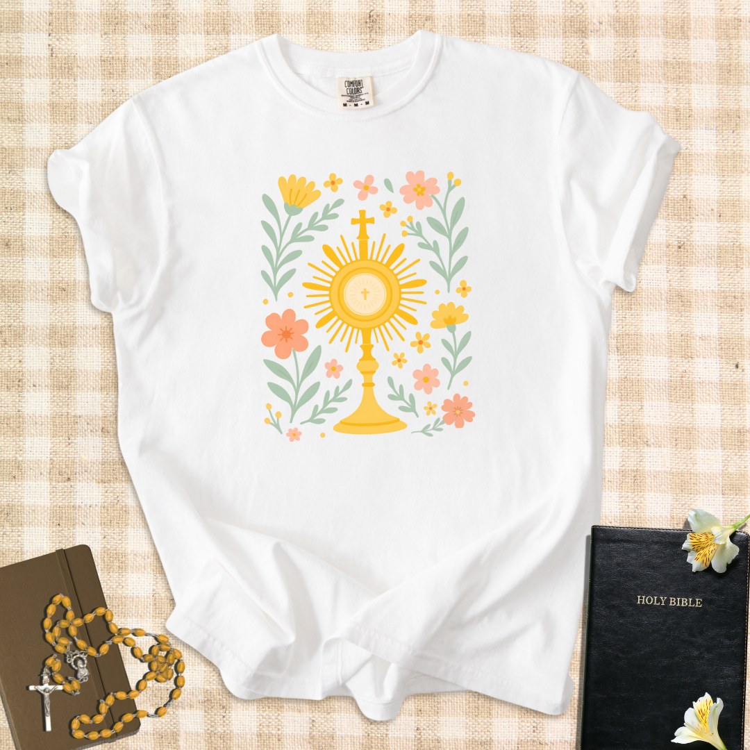 Eucharistic Bloom – Floral Adoration T-Shirt