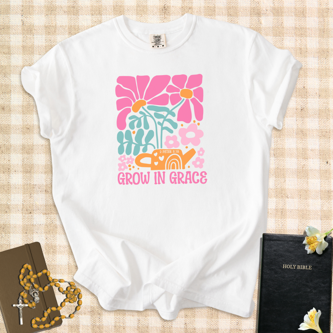 “Grow in Grace” – Floral Catholic T-Shirt