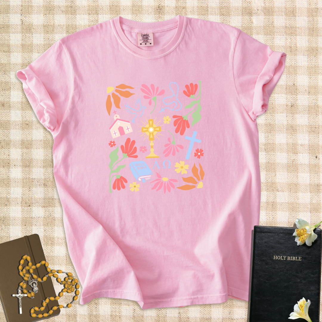 Catholic Symbols Floral T-Shirt