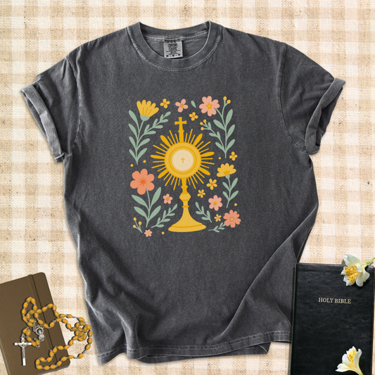Eucharistic Bloom – Floral Adoration T-Shirt