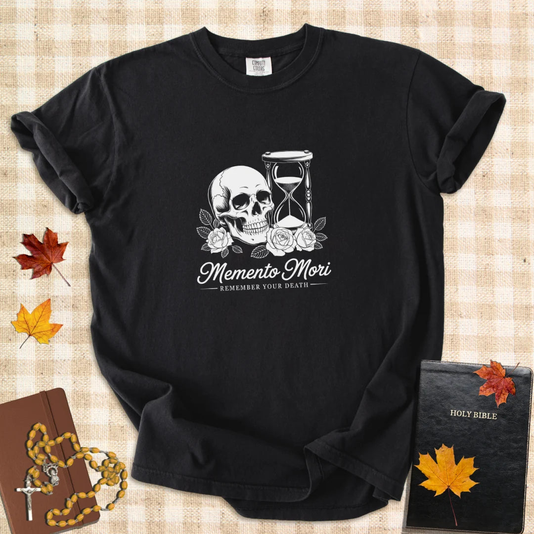 Memento Mori Shirt – Catholic “Remember Your Death” T-Shirt with Skull and Hourglass Design