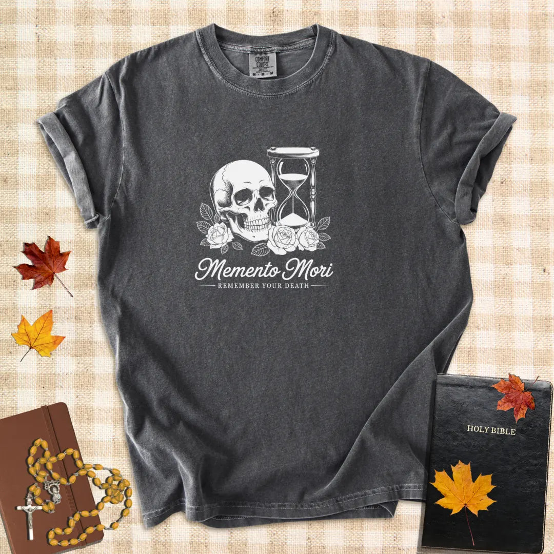 Memento Mori Shirt – Catholic “Remember Your Death” T-Shirt with Skull and Hourglass Design