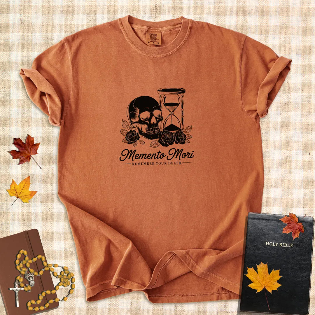 Memento Mori Shirt – Catholic “Remember Your Death” T-Shirt with Skull and Hourglass Design