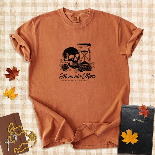 Memento Mori Shirt – Catholic “Remember Your Death” T-Shirt with Skull and Hourglass Design