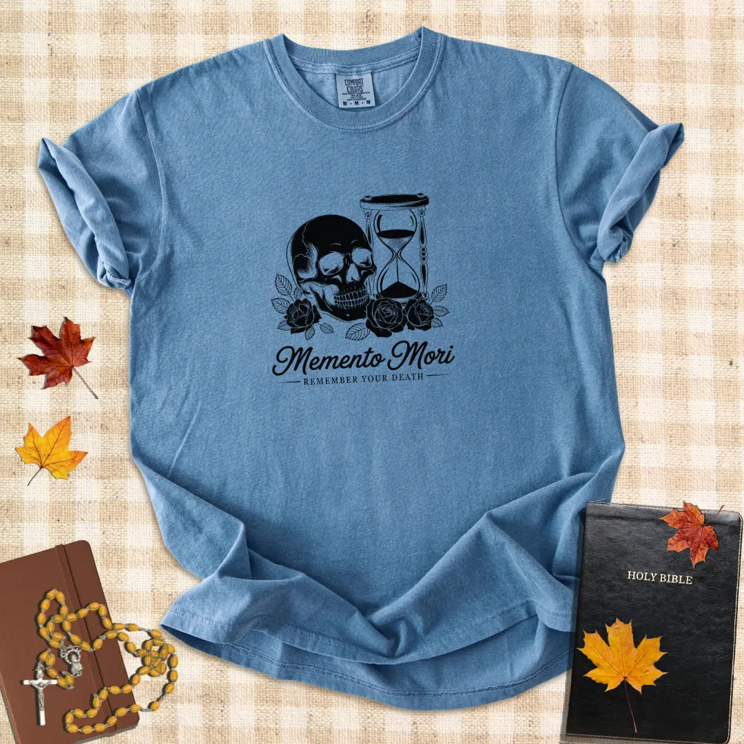 Memento Mori Shirt – Catholic “Remember Your Death” T-Shirt with Skull and Hourglass Design