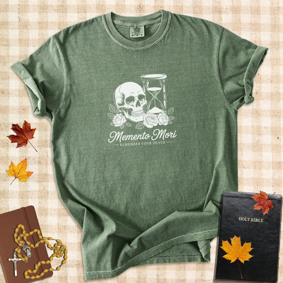 Memento Mori Shirt – Catholic “Remember Your Death” T-Shirt with Skull and Hourglass Design