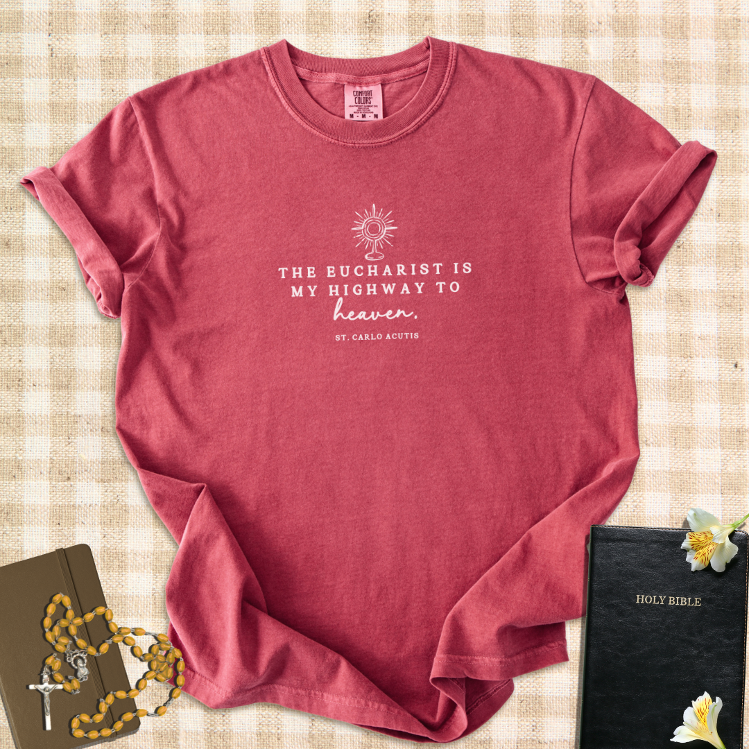 “The Eucharist Is My Highway to Heaven” – St. Carlo Acutis Quote T-Shirt