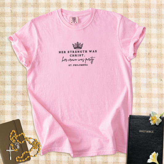“Her Strength Was Christ, Her Crown Was Purity”- Inspired by St. Philomena T-Shirt