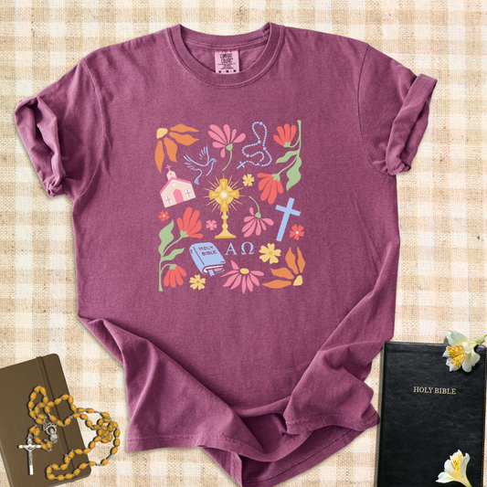 Catholic Symbols Floral T-Shirt