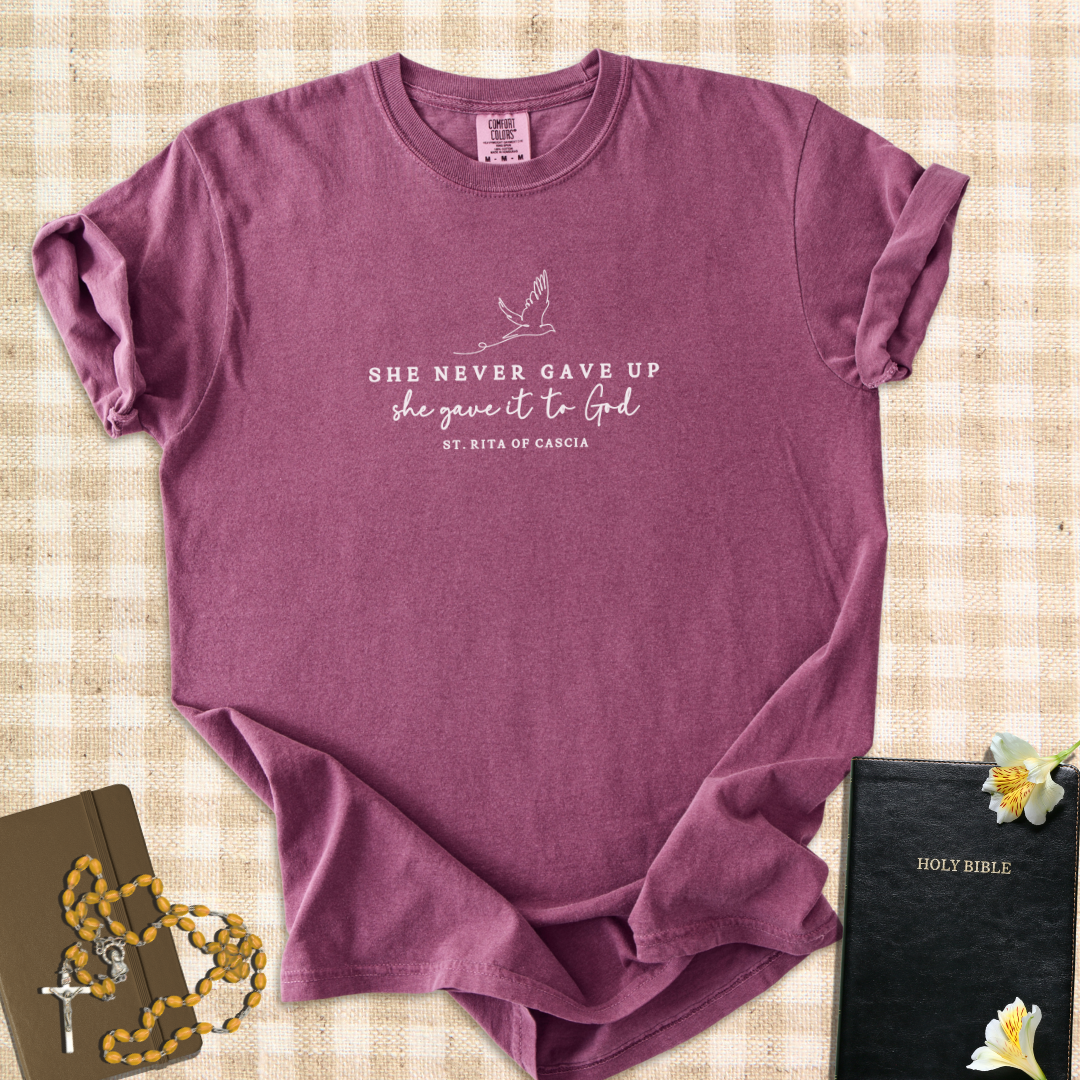 “She Never Gave Up, She Gave It to God” – Inspired by St. Rita of Cascia T-Shirt