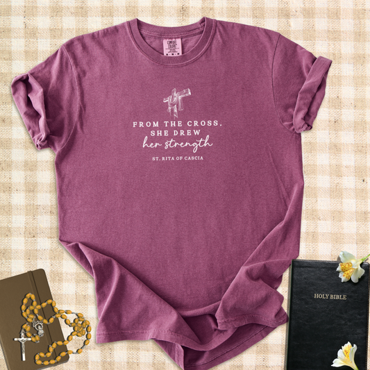 “From the Cross She Drew Her Strength” – Inspired by St. Rita of Cascia T-Shirt